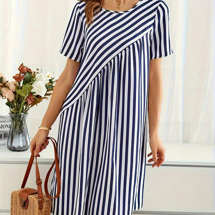 Vibrant Striped Crew Neck Loose Fit A-Line Dress-Women's Casual Short Sleeve Dresses for Summer