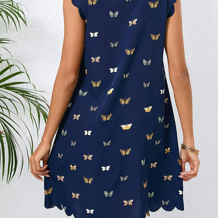 Vibrant Butterfly Print Scallop Trim Dress - Women's Spring & Summer Crew Neck Cut Out Dresses