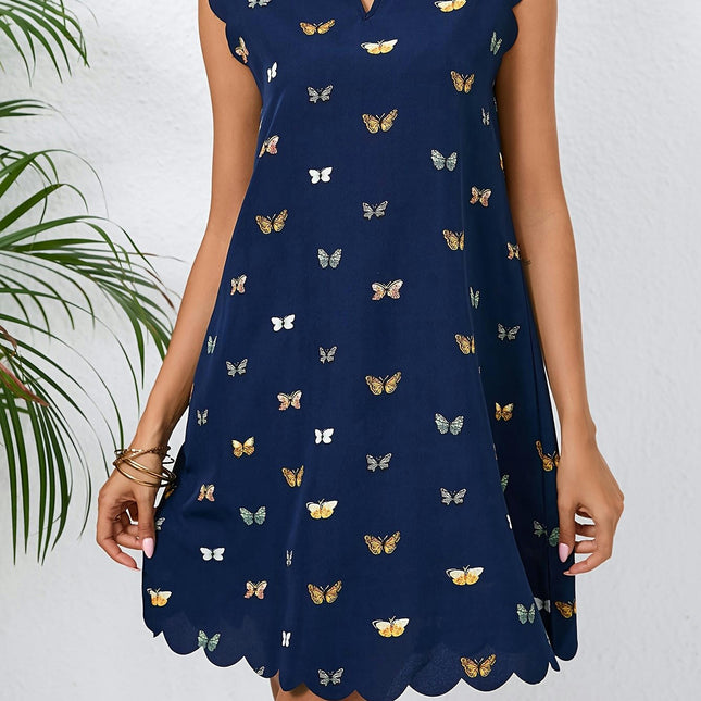 Vibrant Butterfly Print Scallop Trim Dress - Women's Spring & Summer Crew Neck Cut Out Dresses