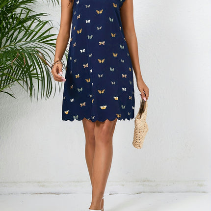 Vibrant Butterfly Print Scallop Trim Dress - Women's Spring & Summer Crew Neck Cut Out Dresses