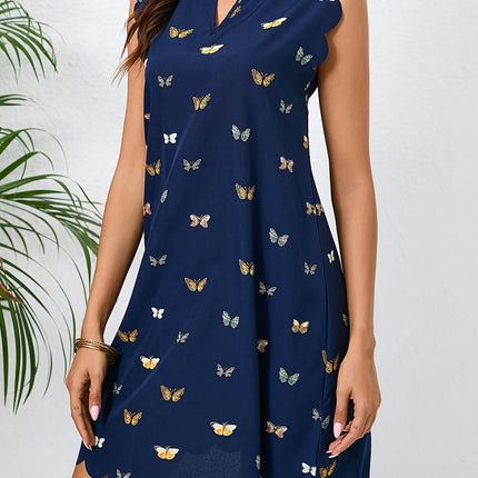 Vibrant Butterfly Print Scallop Trim Dress - Women's Spring & Summer Crew Neck Cut Out Dresses