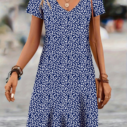 Vibrant Floral Print V-Neck A-Line Dress - Short Sleeve, Casual, Spring & Summer Womens Clothing