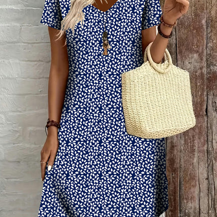 Vibrant Floral Print V-Neck A-Line Dress - Short Sleeve, Casual, Spring & Summer Womens Clothing