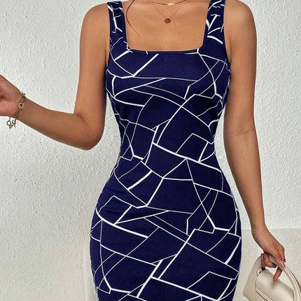 Geo Print Square Neck Tank Dress-Sleeveless Bodycon Mini Dress For Spring, Women's Clothing