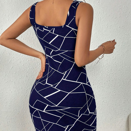 Geo Print Square Neck Tank Dress-Sleeveless Bodycon Mini Dress For Spring, Women's Clothing