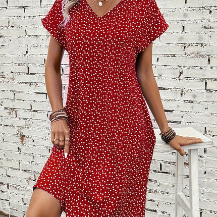 Flattering Batwing Sleeve Allover Print Dress-Versatile V Neck A-line Style Summer Womens Clothing