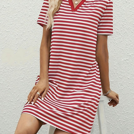 Elegant Women's Stripe Print Notched Neck Short Sleeve Mini Dress for Summer & Spring