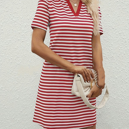 Elegant Women's Stripe Print Notched Neck Short Sleeve Mini Dress for Summer & Spring