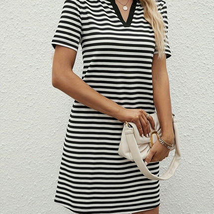 Elegant Women's Stripe Print Notched Neck Short Sleeve Mini Dress for Summer & Spring