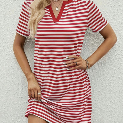 Elegant Women's Stripe Print Notched Neck Short Sleeve Mini Dress for Summer & Spring