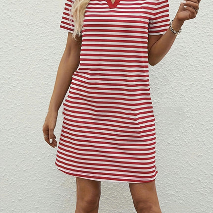 Elegant Women's Stripe Print Notched Neck Short Sleeve Mini Dress for Summer & Spring