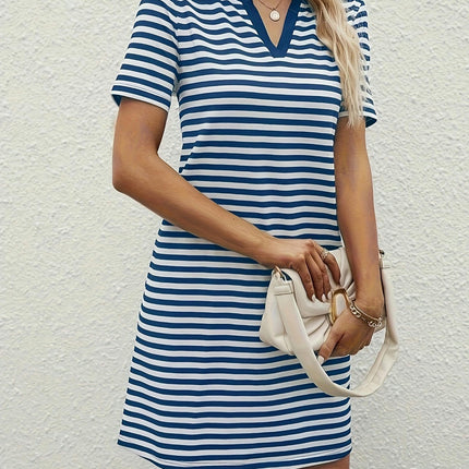 Elegant Women's Stripe Print Notched Neck Short Sleeve Mini Dress for Summer & Spring