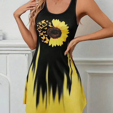 Women's Sunflower Print Crew Neck Tank Dress for Spring & Summer, Sleeveless Dress with Relaxed Fit