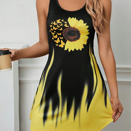 Women's Sunflower Print Crew Neck Tank Dress for Spring & Summer, Sleeveless Dress with Relaxed Fit