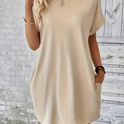 Solid Color Crew Neck Dress,Pocket Batwing Sleeve Dress For Spring & Summer, Women's Clothing