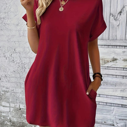 Solid Color Crew Neck Dress,Pocket Batwing Sleeve Dress For Spring & Summer, Women's Clothing