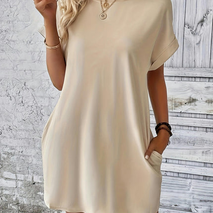 Solid Color Crew Neck Dress,Pocket Batwing Sleeve Dress For Spring & Summer, Women's Clothing