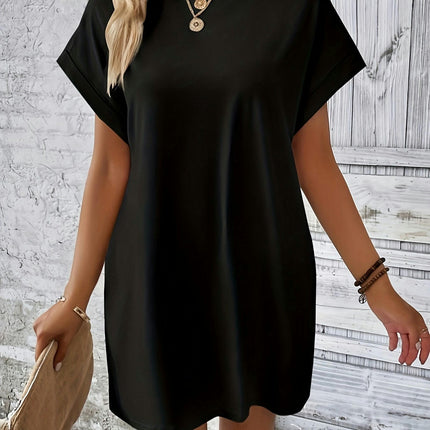 Solid Color Crew Neck Dress,Pocket Batwing Sleeve Dress For Spring & Summer, Women's Clothing