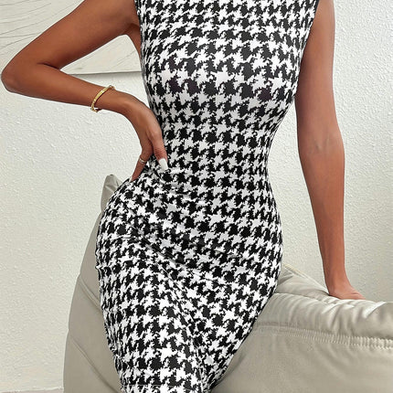 Houndstooth Sleeveless Bodycon Dress,Mini Tank Dress For Spring & Summer, Women's Clothing