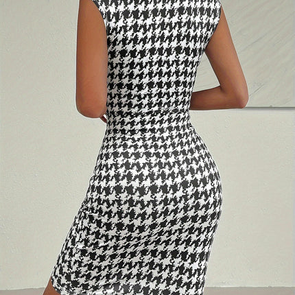 Houndstooth Sleeveless Bodycon Dress,Mini Tank Dress For Spring & Summer, Women's Clothing