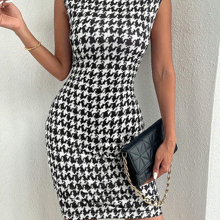 Houndstooth Sleeveless Bodycon Dress,Mini Tank Dress For Spring & Summer, Women's Clothing