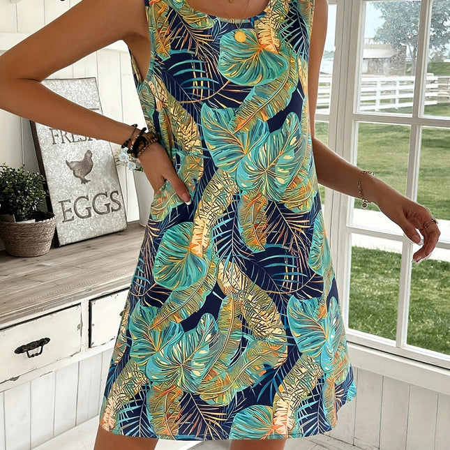 Tropical Print Loose Fit Crew Neck Tank Dress - Women's Sleeveless Vacation Dresses for Spring & Summer