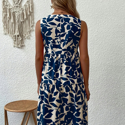 Elegant Blue Floral V-Neck Dress for Women - Sleeveless, A-Line, Non-Stretch Dress for Summer