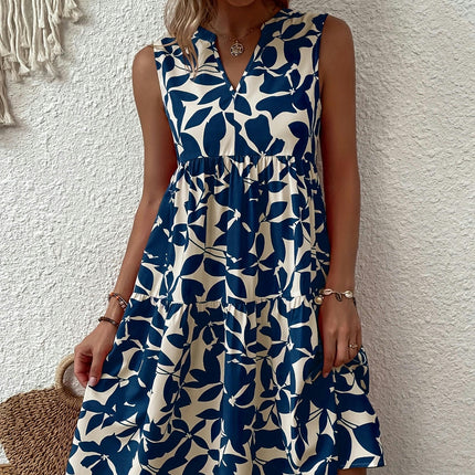 Elegant Blue Floral V-Neck Dress for Women - Sleeveless, A-Line, Non-Stretch Dress for Summer