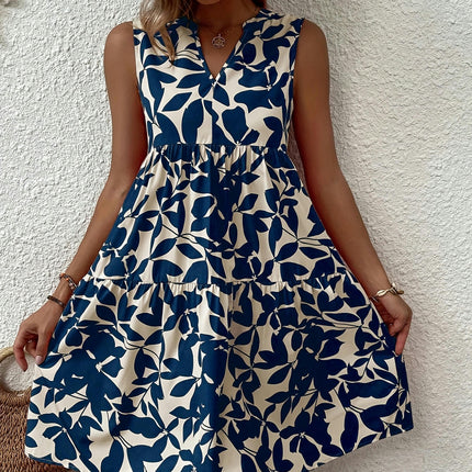 Elegant Blue Floral V-Neck Dress for Women - Sleeveless, A-Line, Non-Stretch Dress for Summer