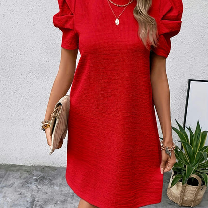 Loose Fit Crew Neck Dress-Puff Sleeve,Plain Color, Comfortable Spring & Summer Women's Clothing