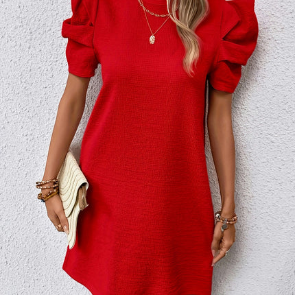 Loose Fit Crew Neck Dress-Puff Sleeve,Plain Color, Comfortable Spring & Summer Women's Clothing