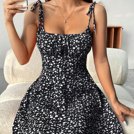 Print Tie Shoulder A-line Dress, Vacation Sleeveless Dress For Spring & Summer, Women's Clothing