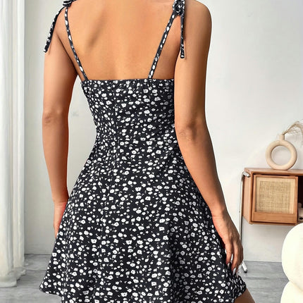 Print Tie Shoulder A-line Dress, Vacation Sleeveless Dress For Spring & Summer, Women's Clothing