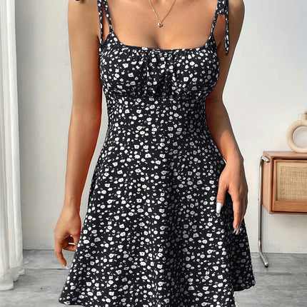 Print Tie Shoulder A-line Dress, Vacation Sleeveless Dress For Spring & Summer, Women's Clothing