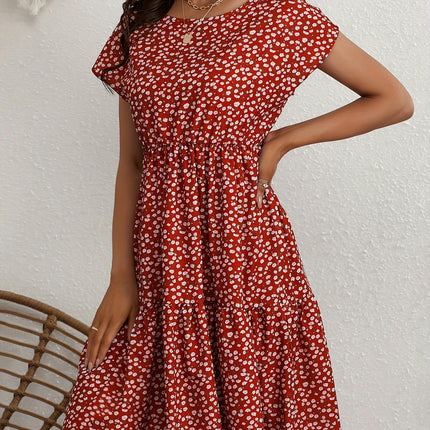 Floral Print Crew Neck Dress, Elegant Short Sleeve Dress For Spring & Summer, Women's Clothing