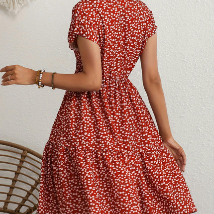 Floral Print Crew Neck Dress, Elegant Short Sleeve Dress For Spring & Summer, Women's Clothing