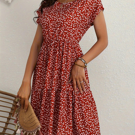 Floral Print Crew Neck Dress, Elegant Short Sleeve Dress For Spring & Summer, Women's Clothing