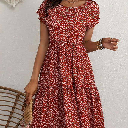 Floral Print Crew Neck Dress, Elegant Short Sleeve Dress For Spring & Summer, Women's Clothing