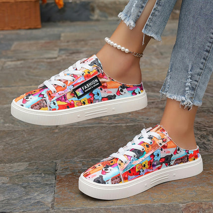 Ladies Cartoon Animal Print Slip-On Sneakers, Lightweight Low-Top Lace-Up Shoes,Casual Footwear