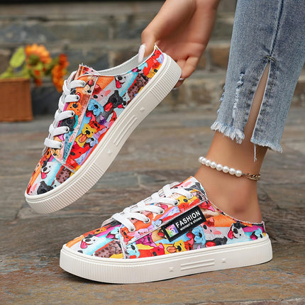 Ladies Cartoon Animal Print Slip-On Sneakers, Lightweight Low-Top Lace-Up Shoes,Casual Footwear