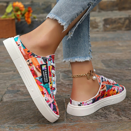 Ladies Cartoon Animal Print Slip-On Sneakers, Lightweight Low-Top Lace-Up Shoes,Casual Footwear