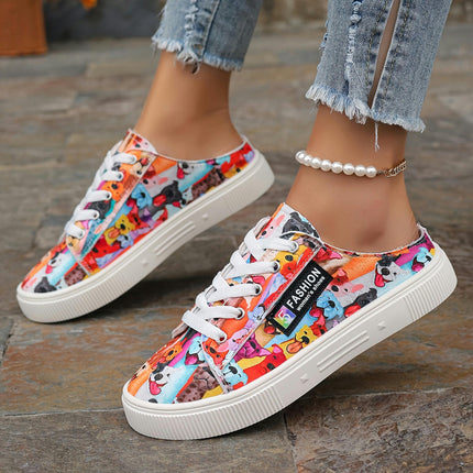 Ladies Cartoon Animal Print Slip-On Sneakers, Lightweight Low-Top Lace-Up Shoes,Casual Footwear