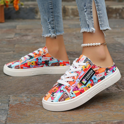 Ladies Cartoon Animal Print Slip-On Sneakers, Lightweight Low-Top Lace-Up Shoes,Casual Footwear