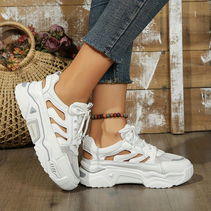 Women's Mesh Sneakers, Lace Up Platform Soft Sole Walking Hollow Out Shoes, Breathable Trainers