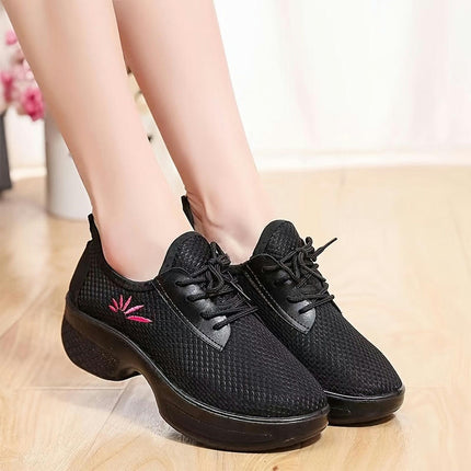 Women's Solid Color Casual Sneakers, Floral Lace Up Platform Soft Sole Shoes, Breathable Trainers