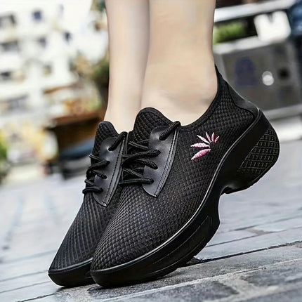 Women's Solid Color Casual Sneakers, Floral Lace Up Platform Soft Sole Shoes, Breathable Trainers