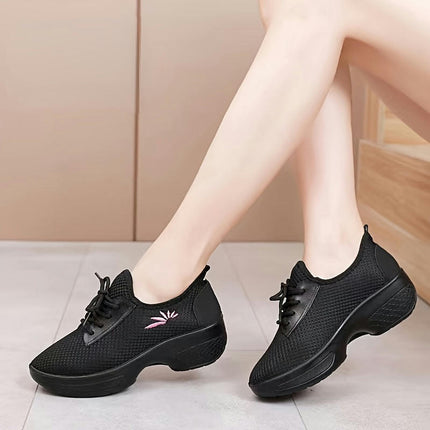 Women's Solid Color Casual Sneakers, Floral Lace Up Platform Soft Sole Shoes, Breathable Trainers