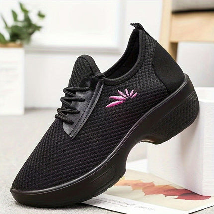 Women's Solid Color Casual Sneakers, Floral Lace Up Platform Soft Sole Shoes, Breathable Trainers