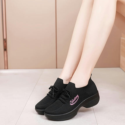 Women's Solid Color Knitted Sneakers, Lace Up Platform Soft Sole Letter Print Walking Shoes