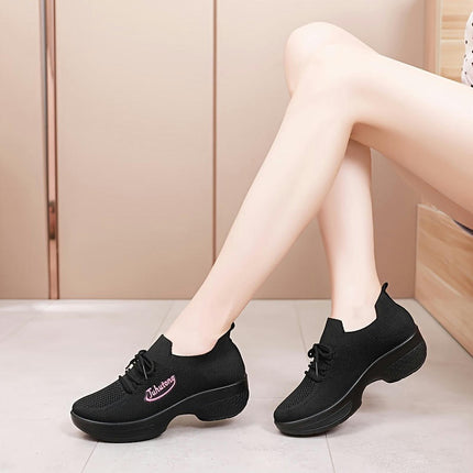 Women's Solid Color Knitted Sneakers, Lace Up Platform Soft Sole Letter Print Walking Shoes